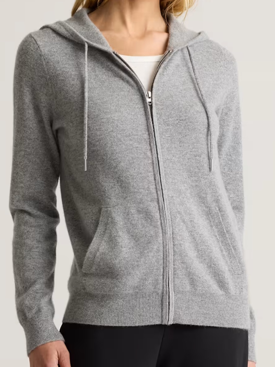 Gray Zip-Up Hooded Cashmere Sweater Jacket